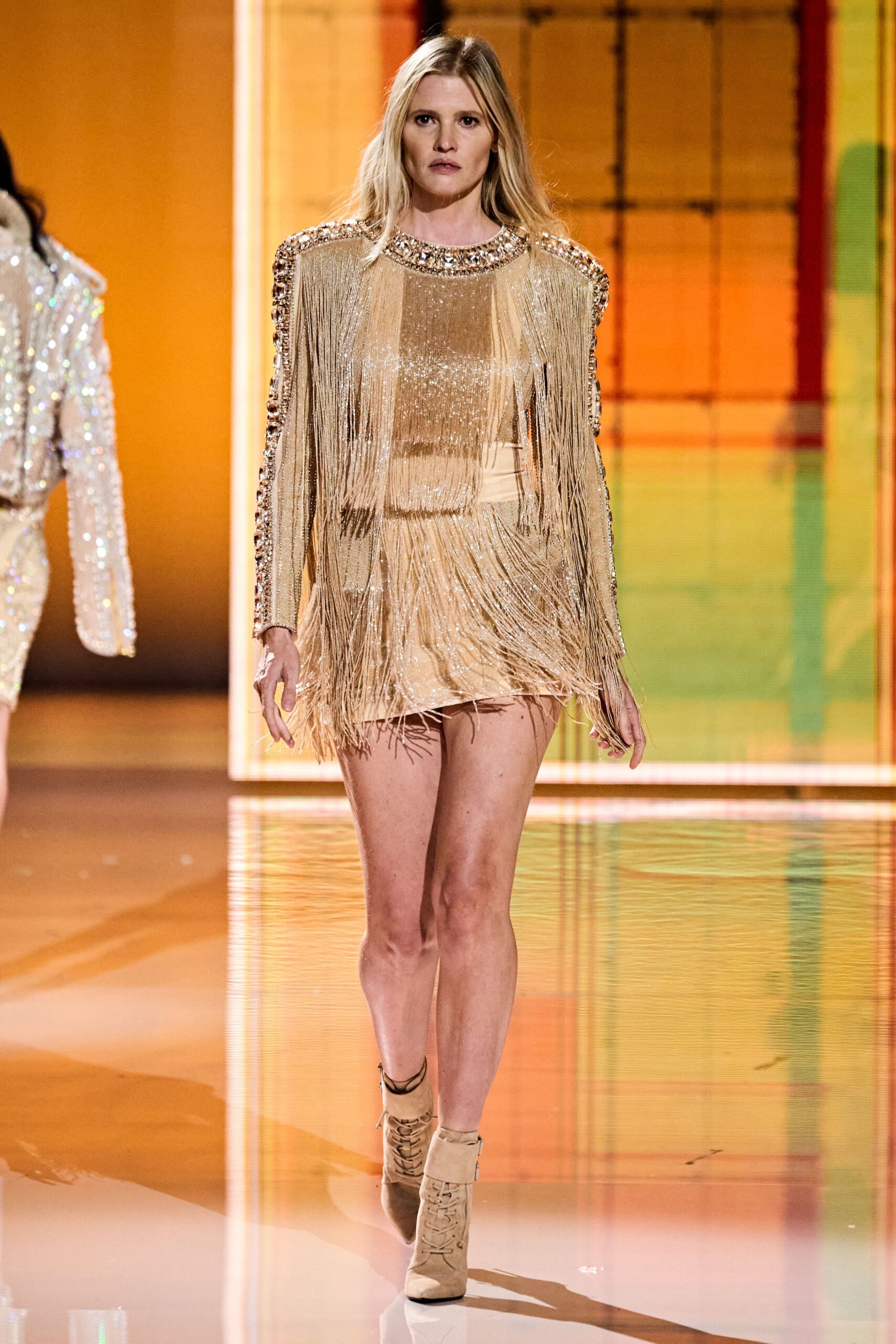 beige fringed mini dress