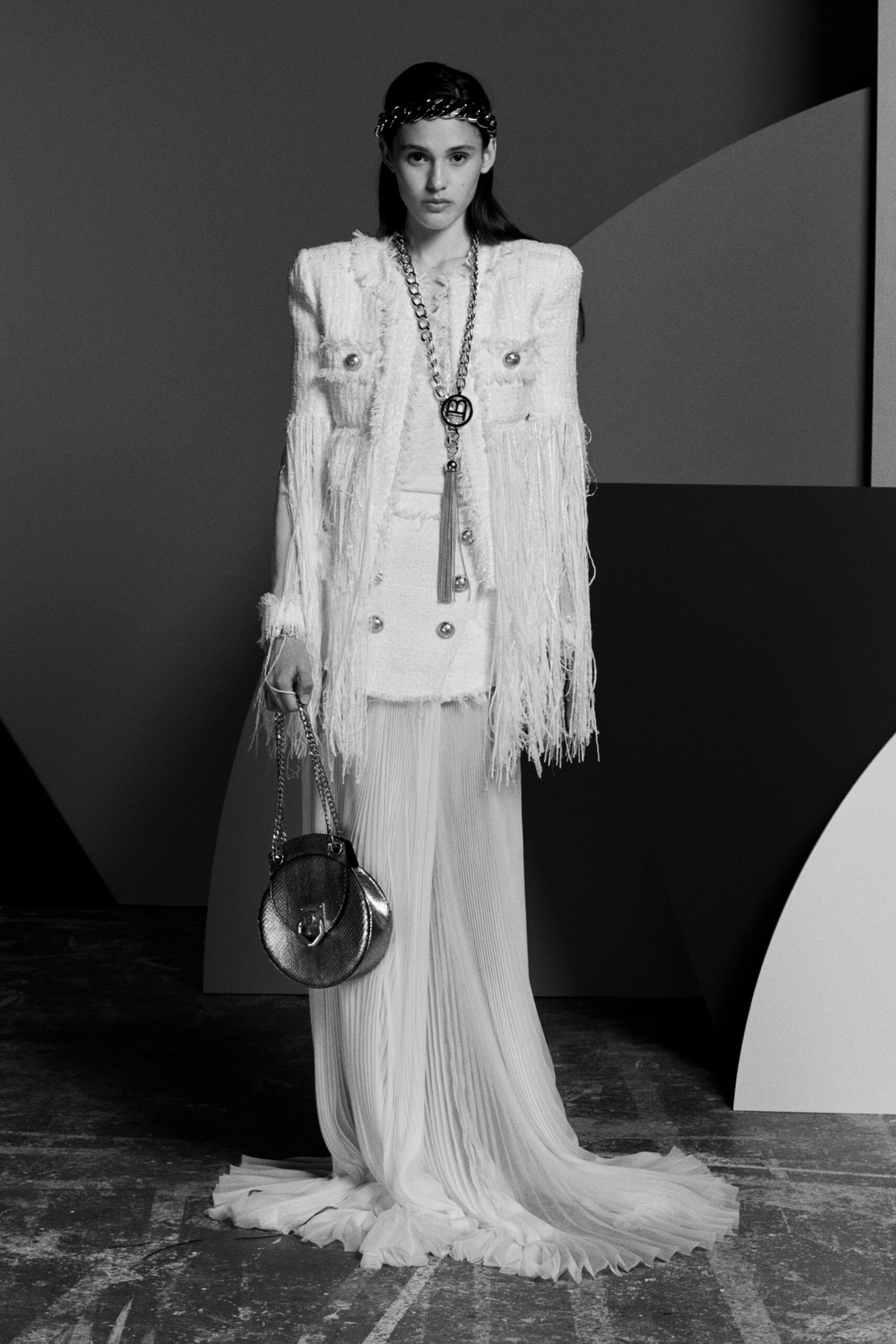 white cotton long-sleeve collared fitted fringed buttoned blazer