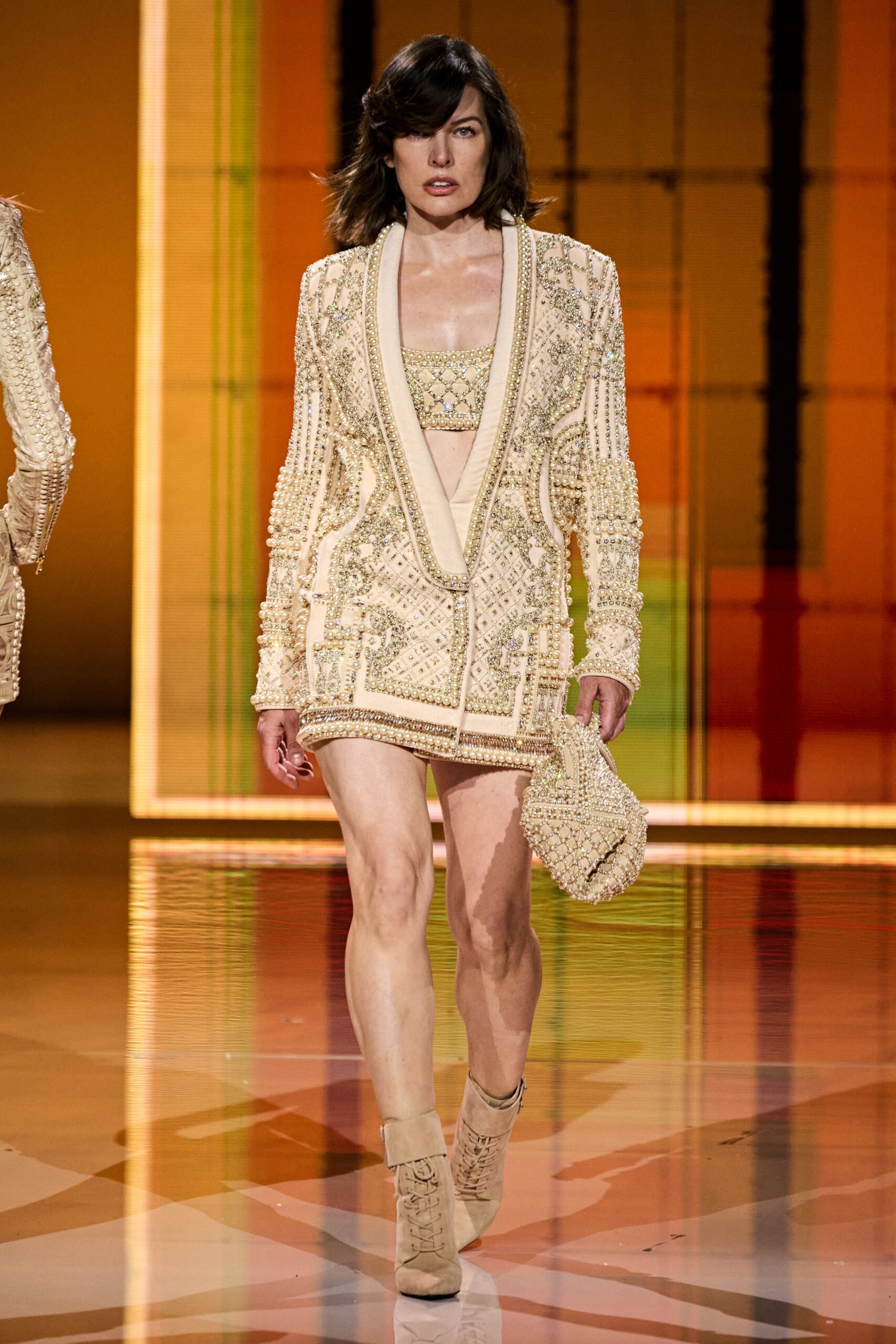 beige silk long-sleeve v-neck fitted embroidered beaded dress