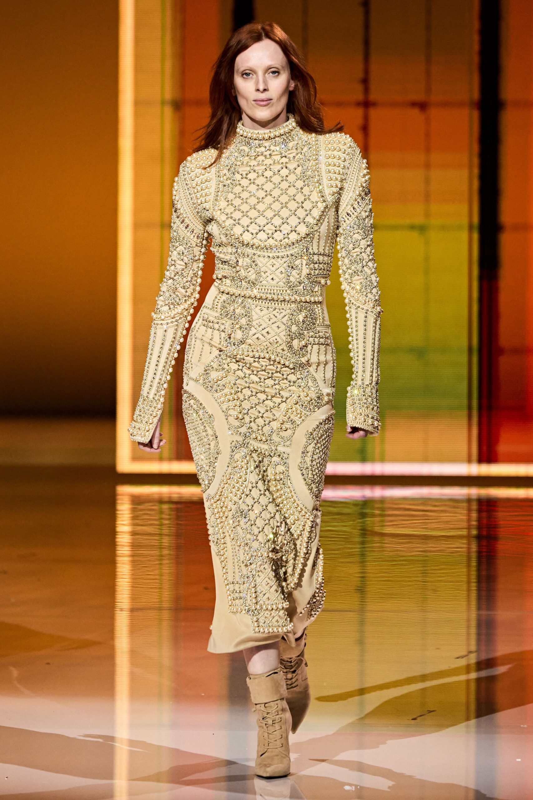 beige embellished long-sleeve dress