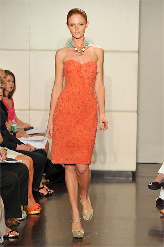 fitted strapless orange lace dress