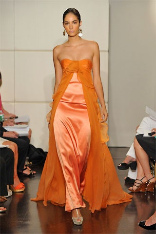 orange silk strapless gown