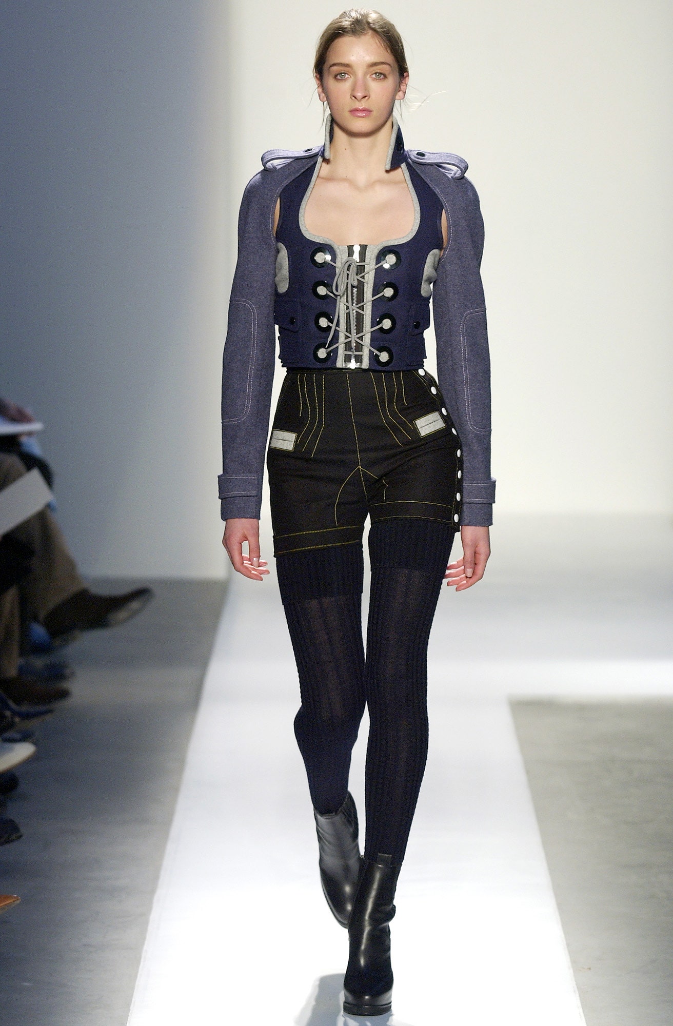 blue denim long-sleeve collared fitted buttoned jacket