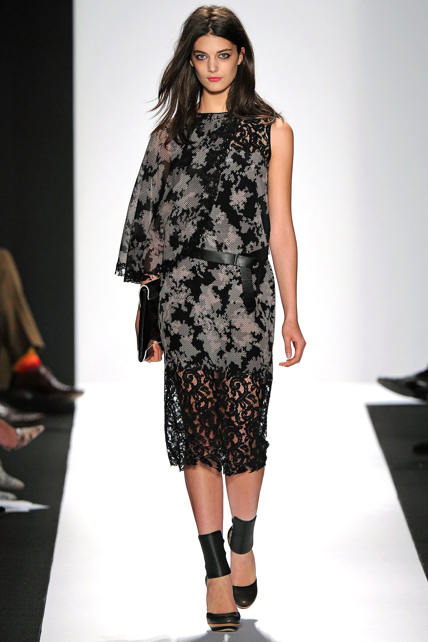 black lace sleeveless v-neck fitted layered flared dress
