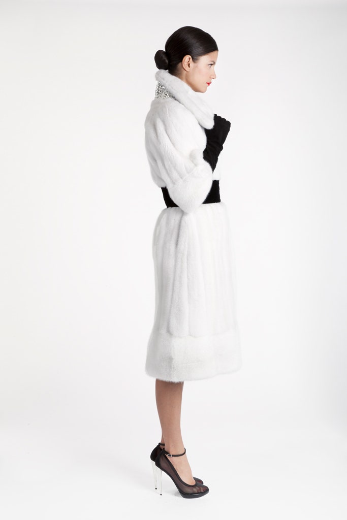white fur long-sleeve collared fitted belted midi coat