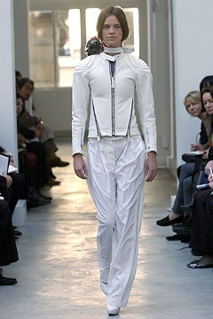 white leather long-sleeve collared fitted structured zippered jacket