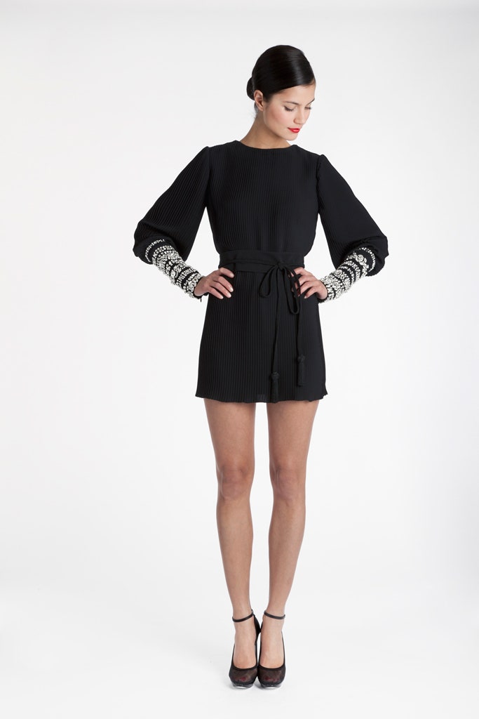 black silk pleated mini dress