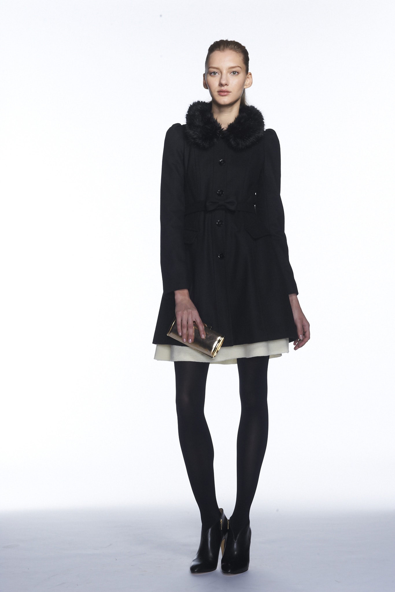 black wool coat with white dress