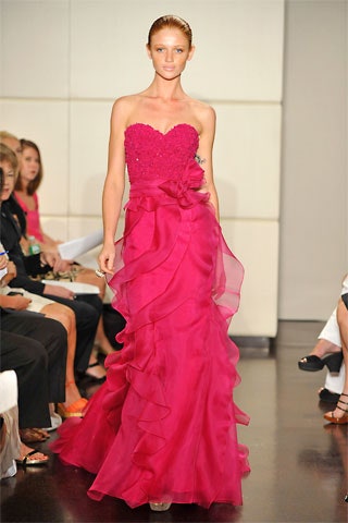 pink ruffled strapless gown