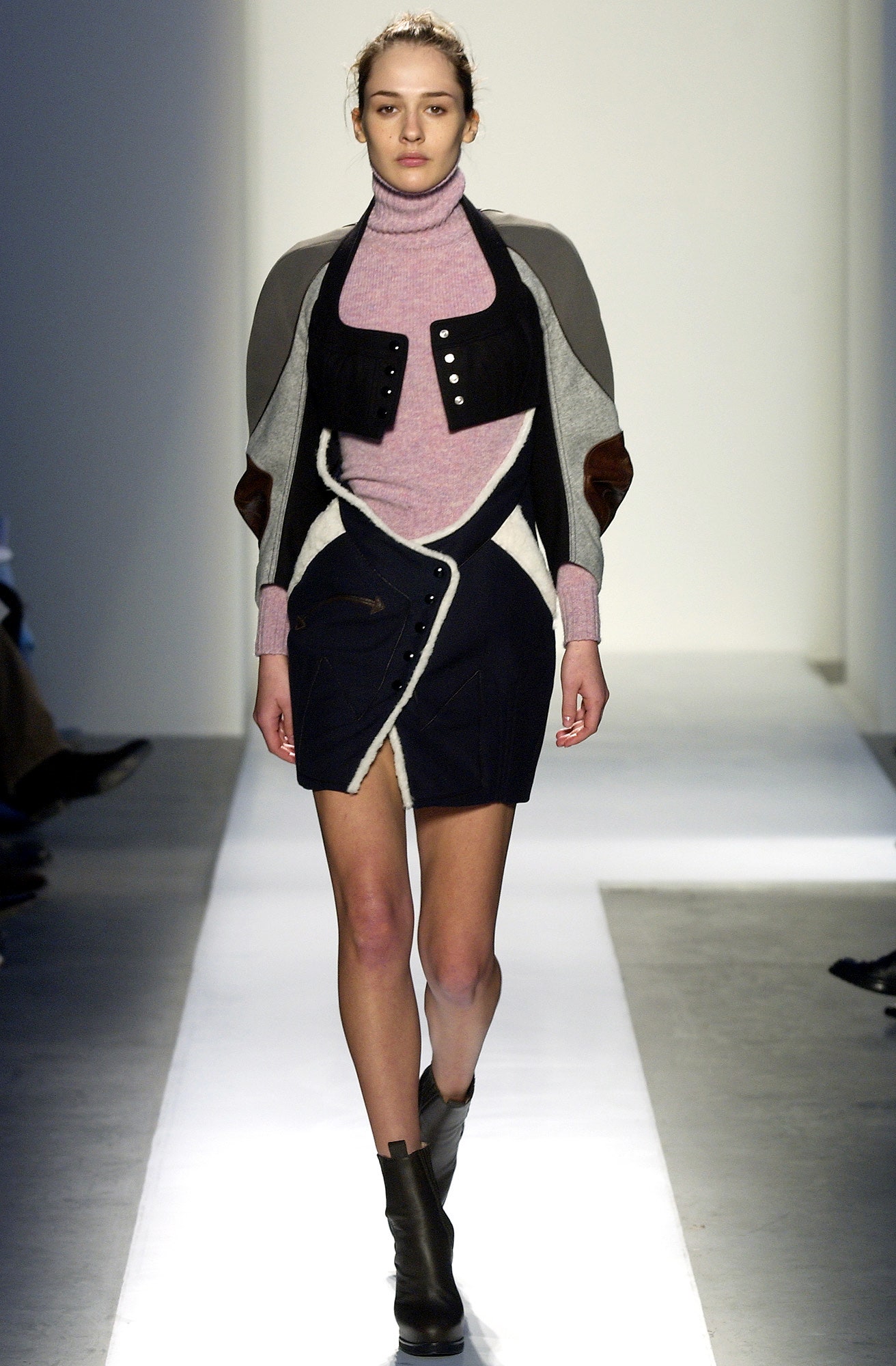 pink fitted top with navy skirt