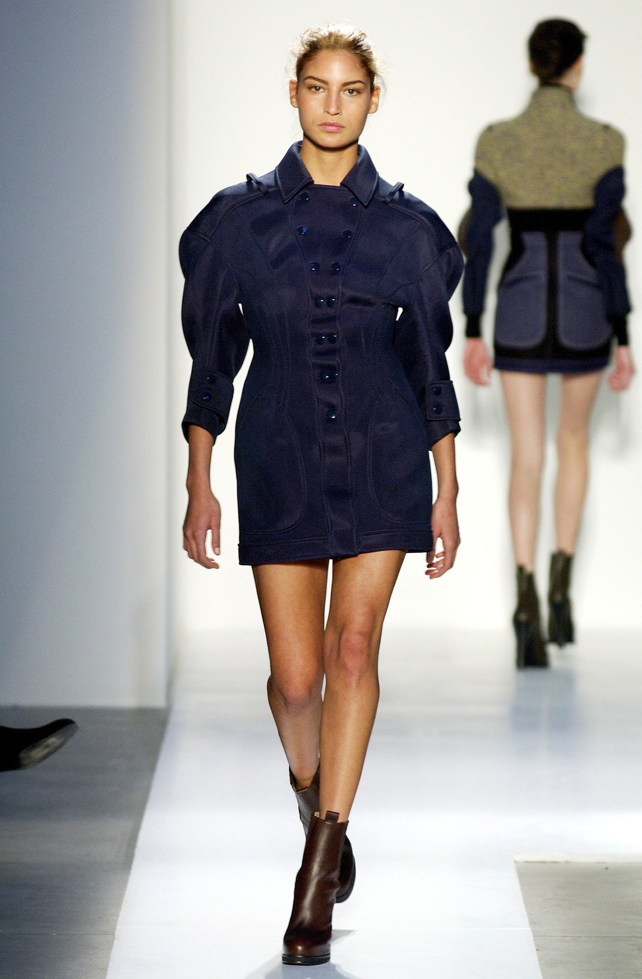 blue denim long-sleeve collared fitted buttoned pencil dress