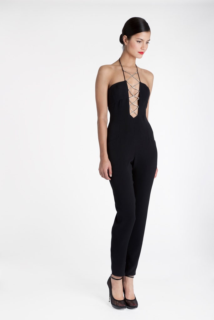 black fitted sleeveless jumpsuit