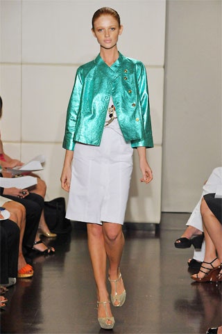 teal metallic tailored jacket and white pencil skirt