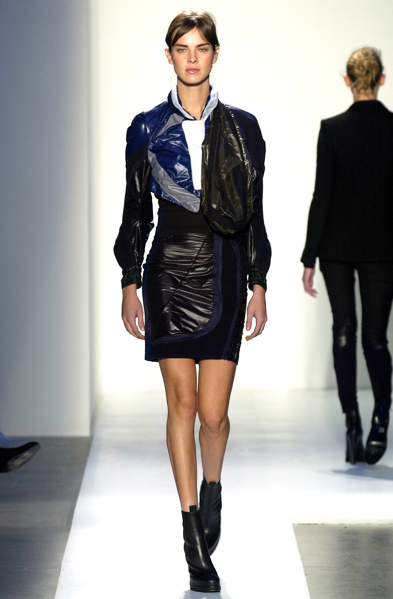 black leather long-sleeve collared structured layered jacket