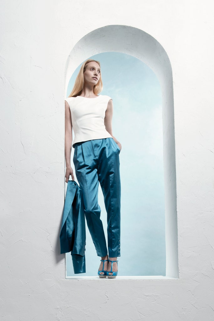 blue silk long-sleeve structured shiny jacket