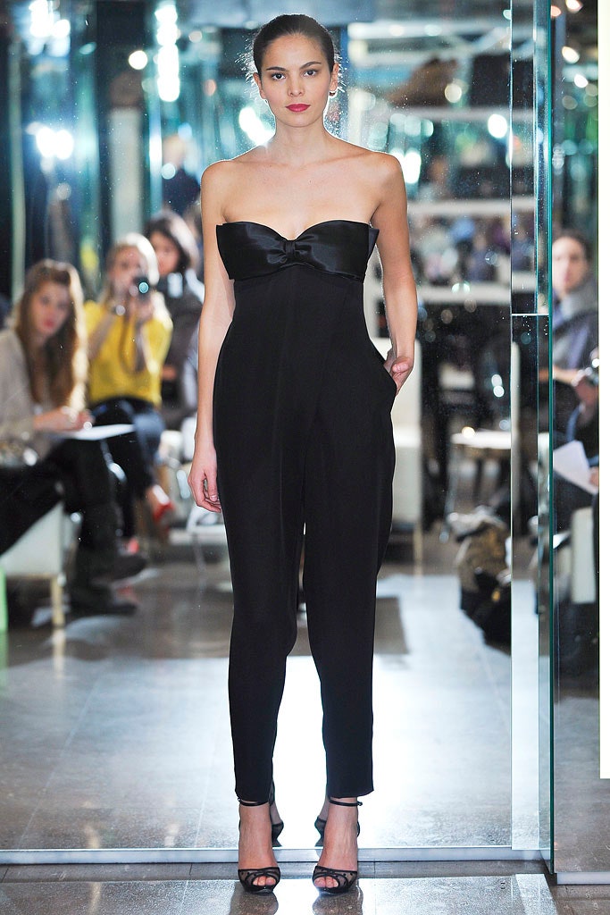 black silk sleeveless strapless fitted straight-leg pockets jumpsuit