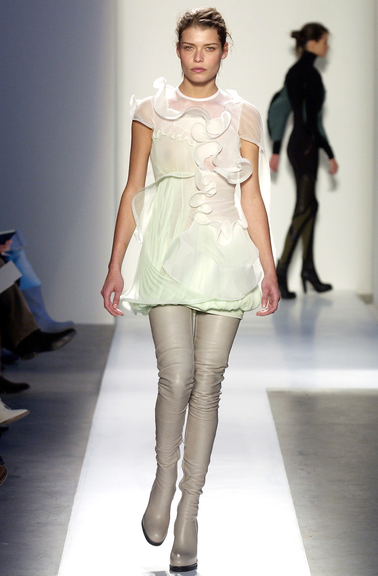 green silk sleeveless high-neck fitted ruffled layered dress
