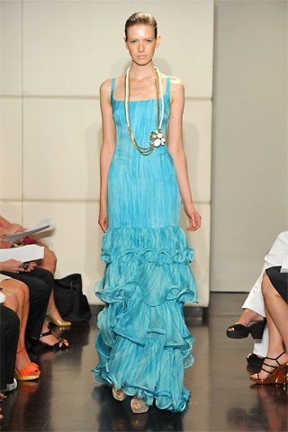 blue silk ruffled gown