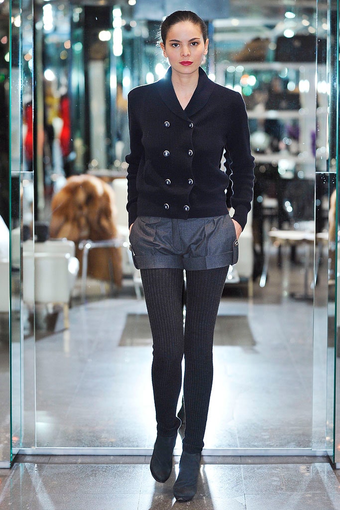 black wool jacket with gray shorts