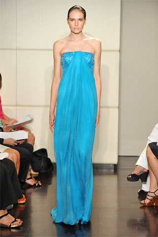 blue silk strapless gown