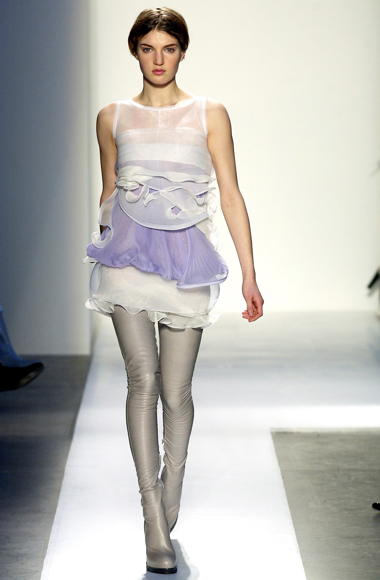 white silk sleeveless v-neck fitted layered ruffled top