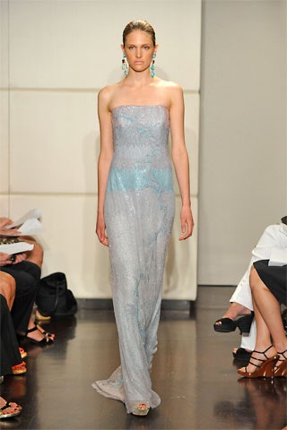 blue gray sequined strapless gown