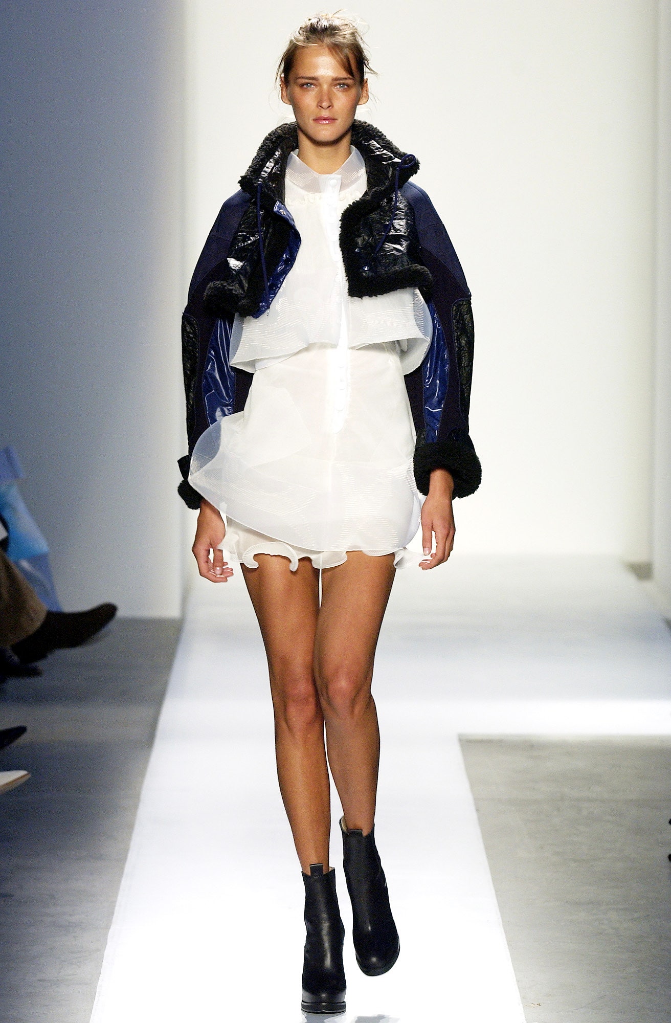 blue leather long-sleeve structured layered jacket