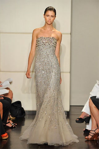 gray embellished strapless gown