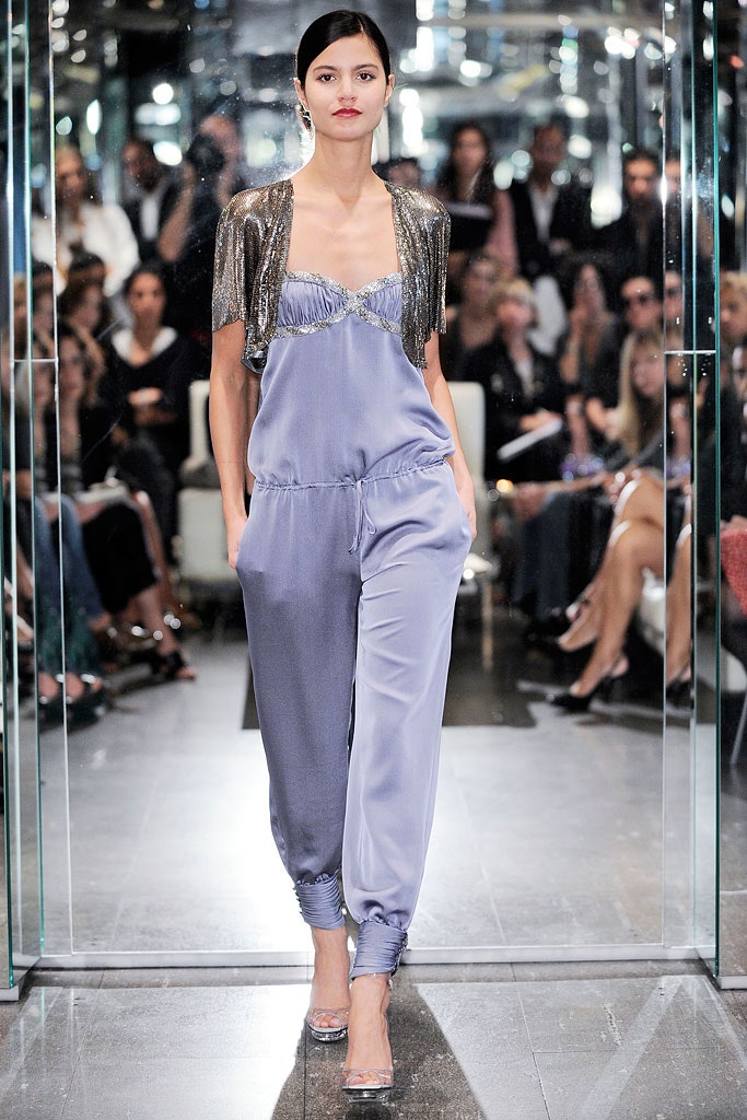 blue silk fitted jumpsuit with metallic cape