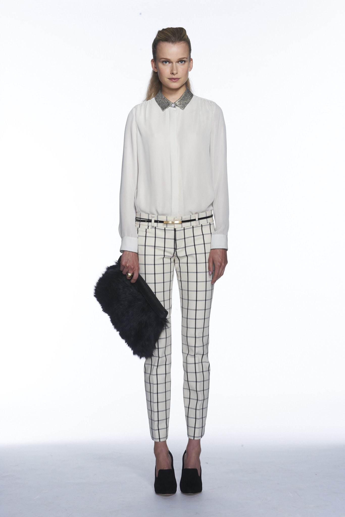 white silk blouse with checked pants