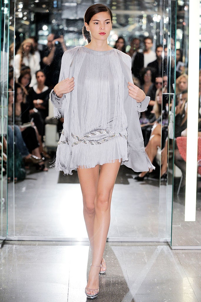 gray silk fringed mini dress