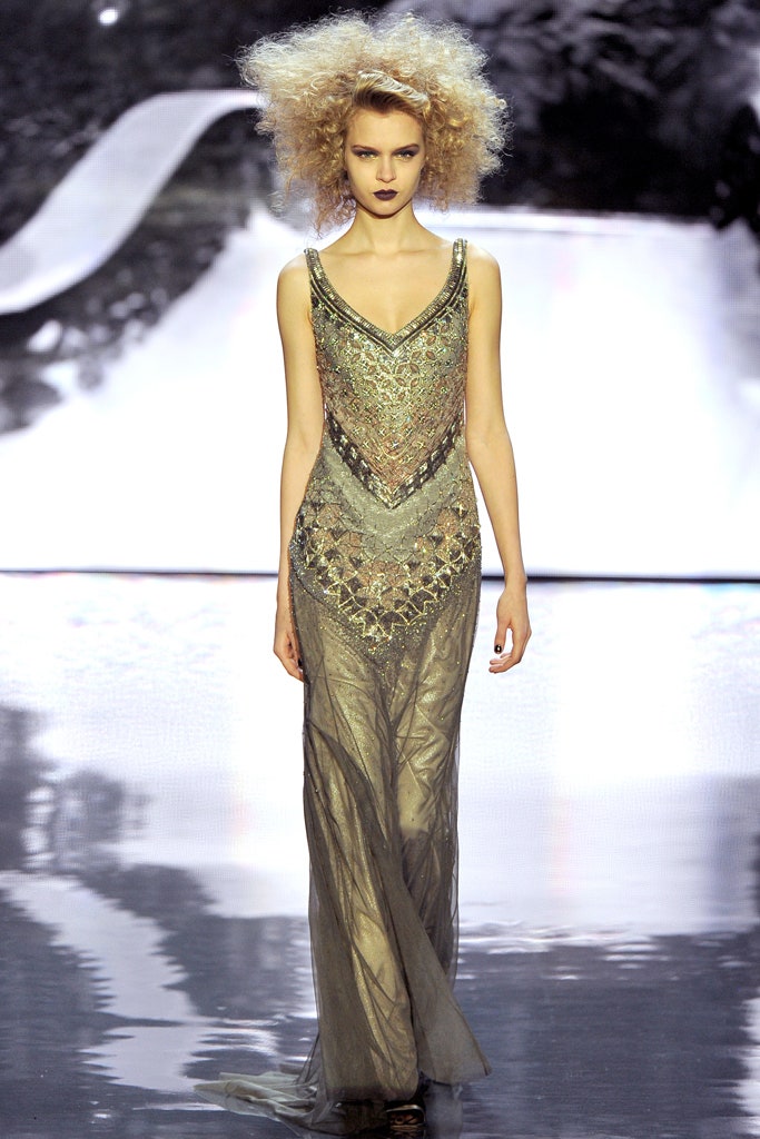 fitted gray silk gown