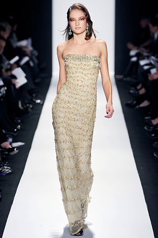 gold beaded strapless gown