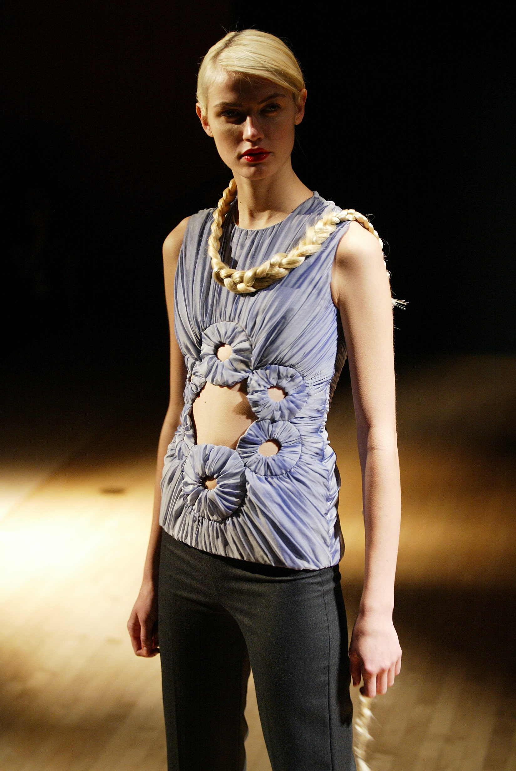 blue ruched cutout sleeveless top