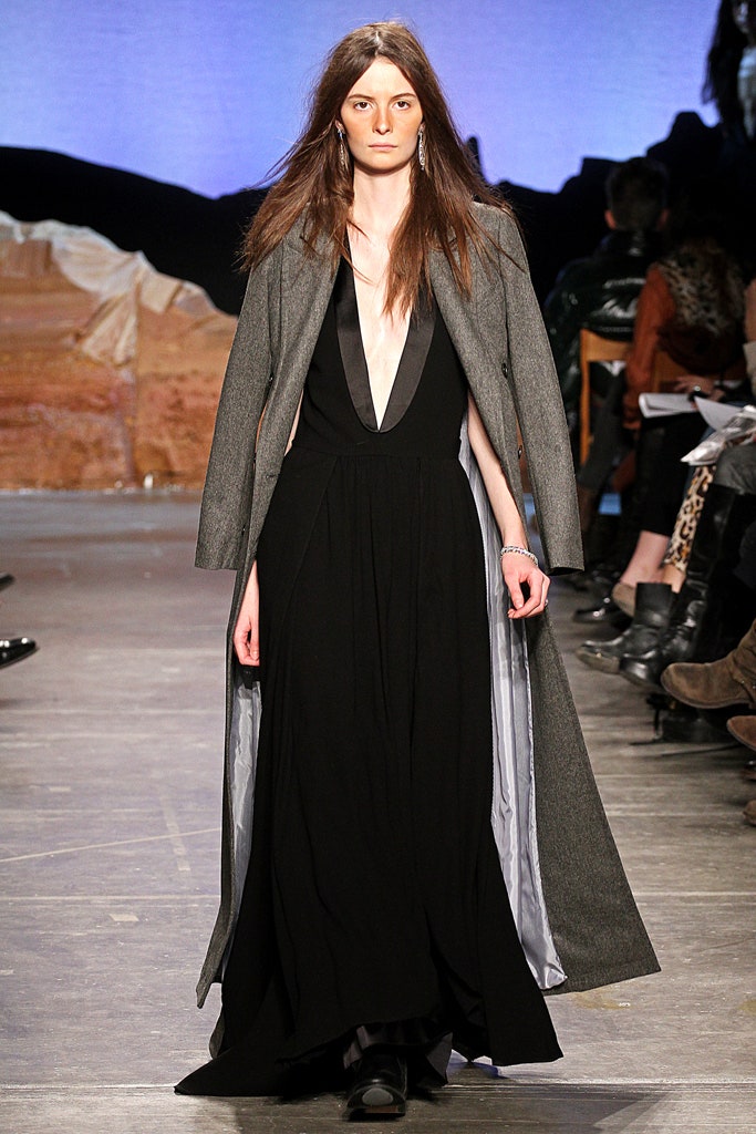 black silk gown with gray coat