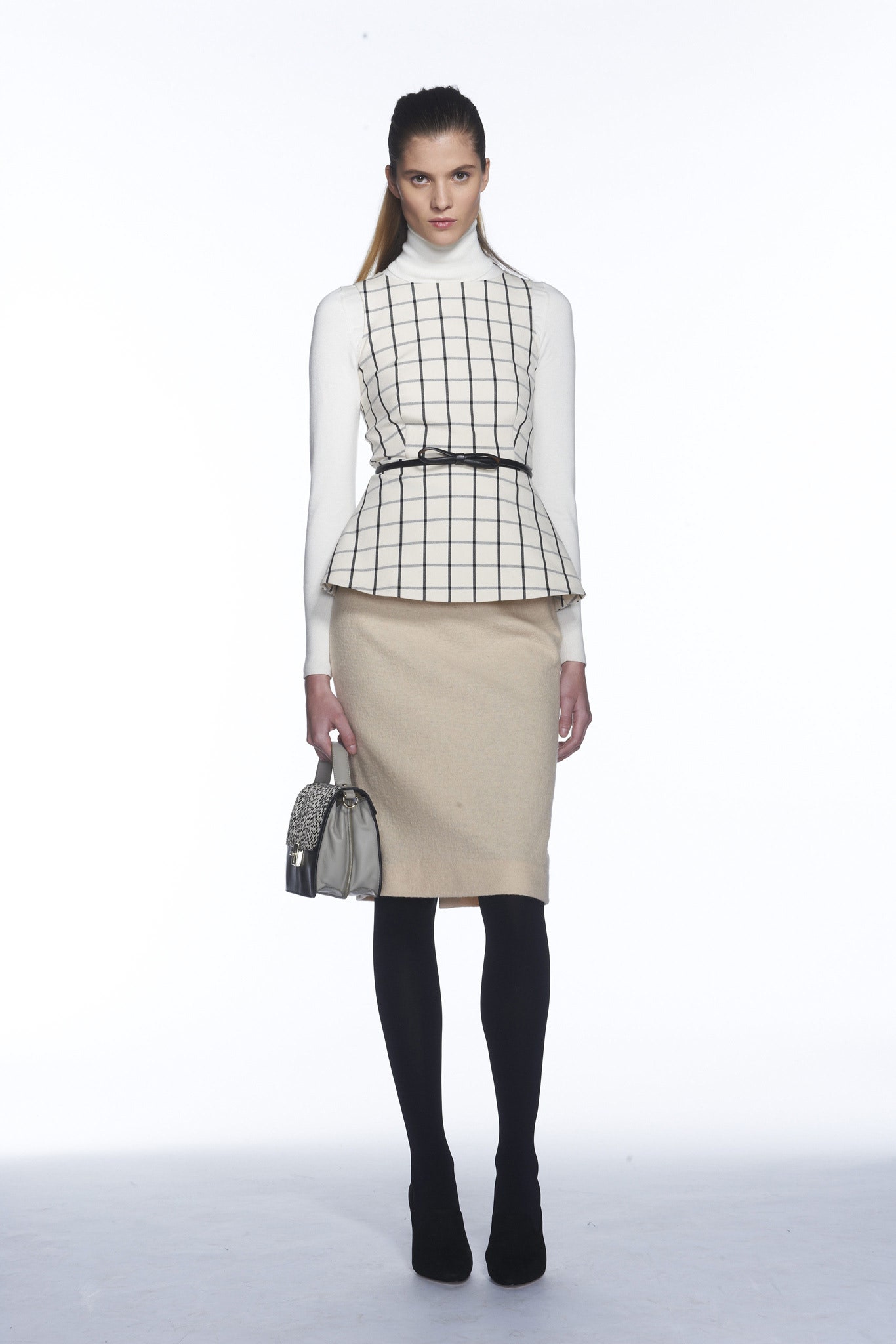 white checked top with beige pencil skirt