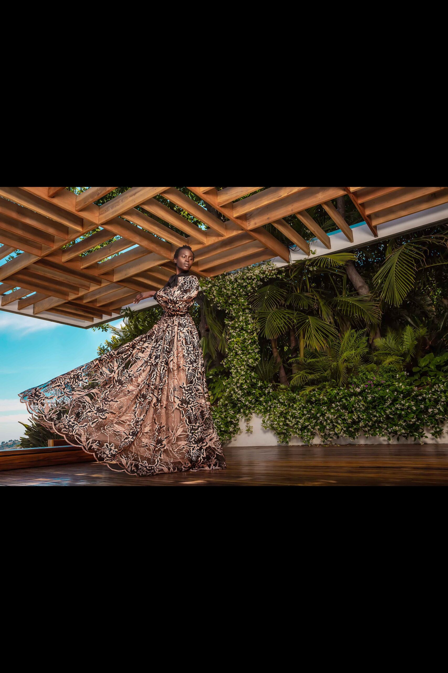 brown and white embroidered gown