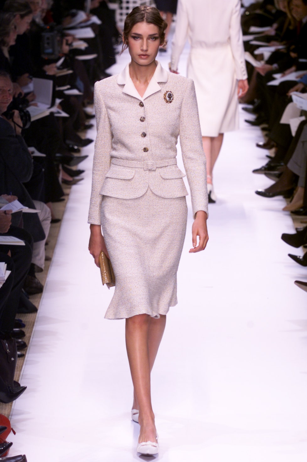 beige tweed fitted suit