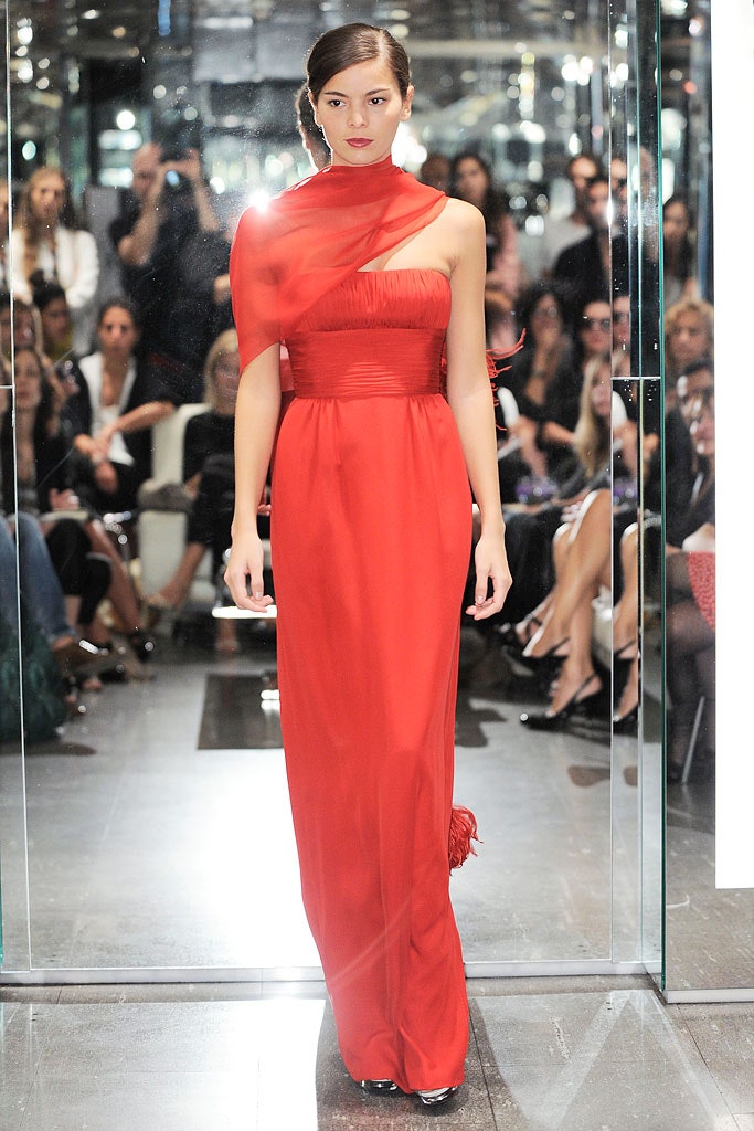 red silk off-shoulder gown