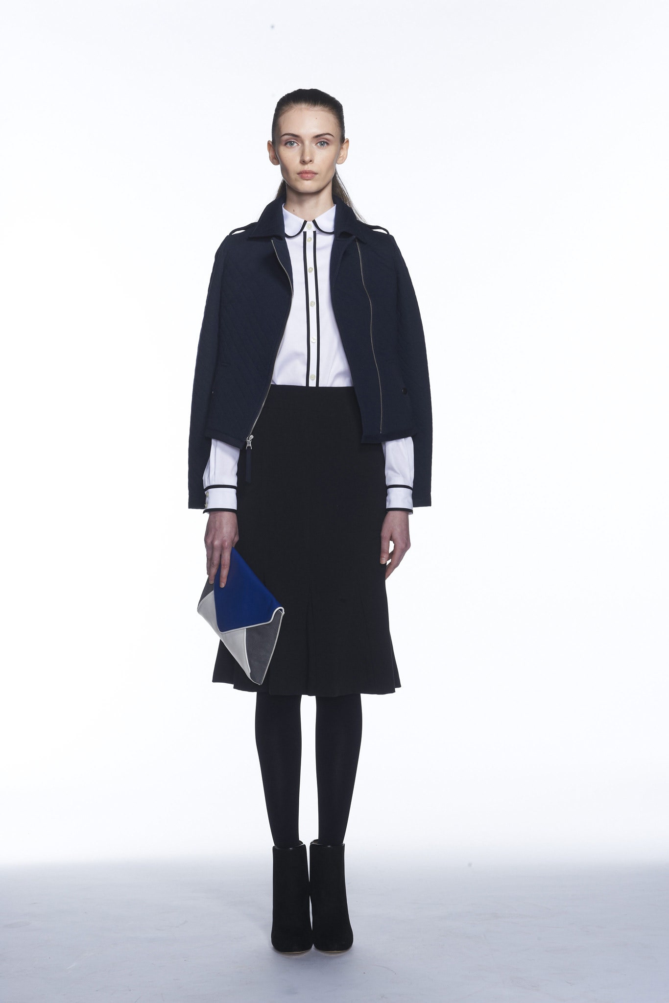 black fitted jacket with white shirt