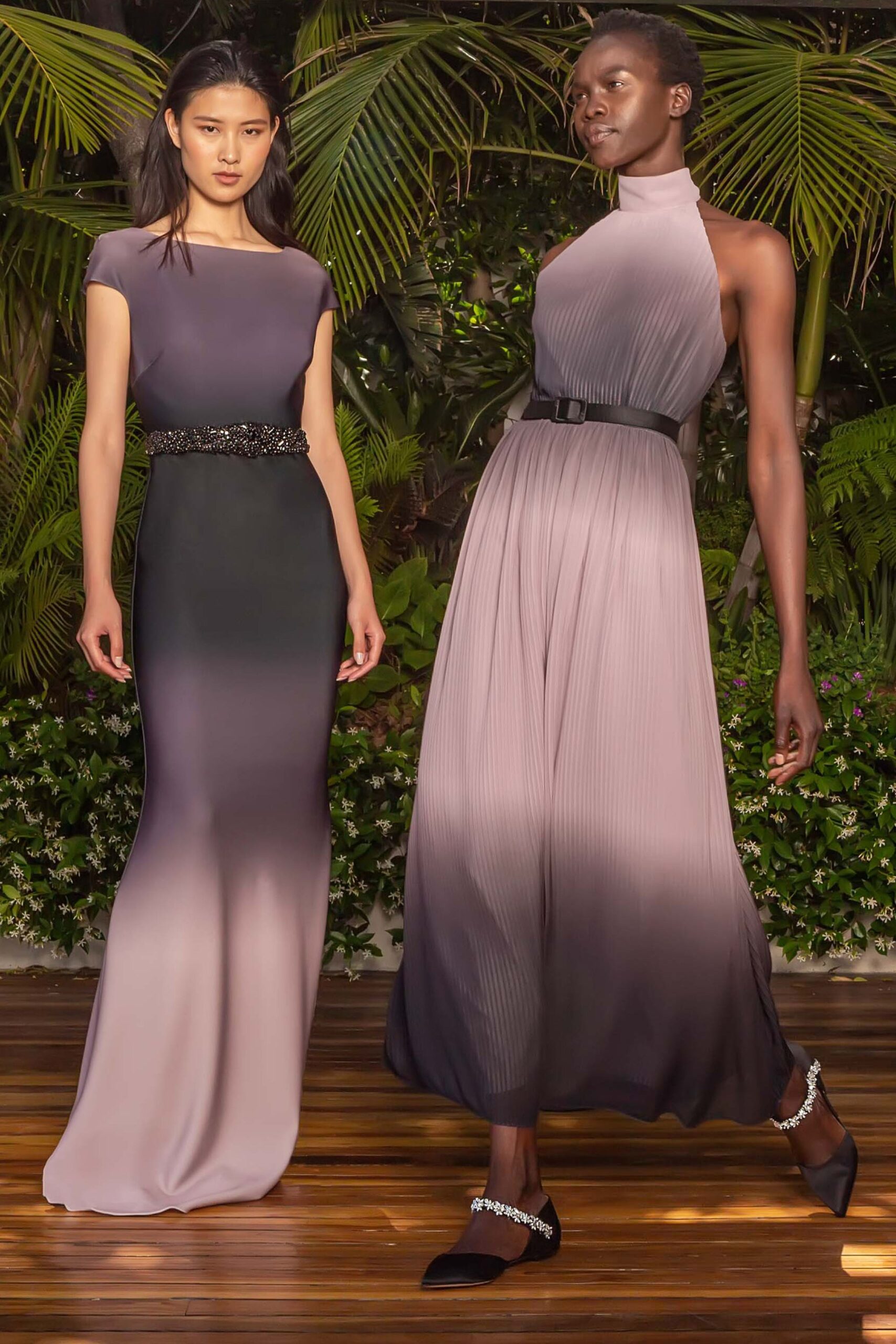 pink silk sleeveless halter fitted a-line flowing gown