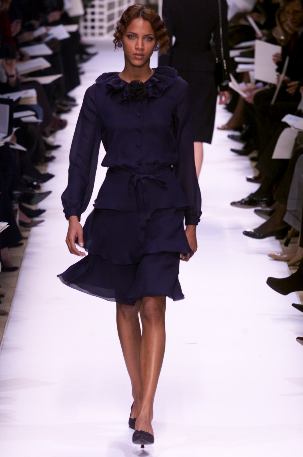 navy silk long-sleeve dress