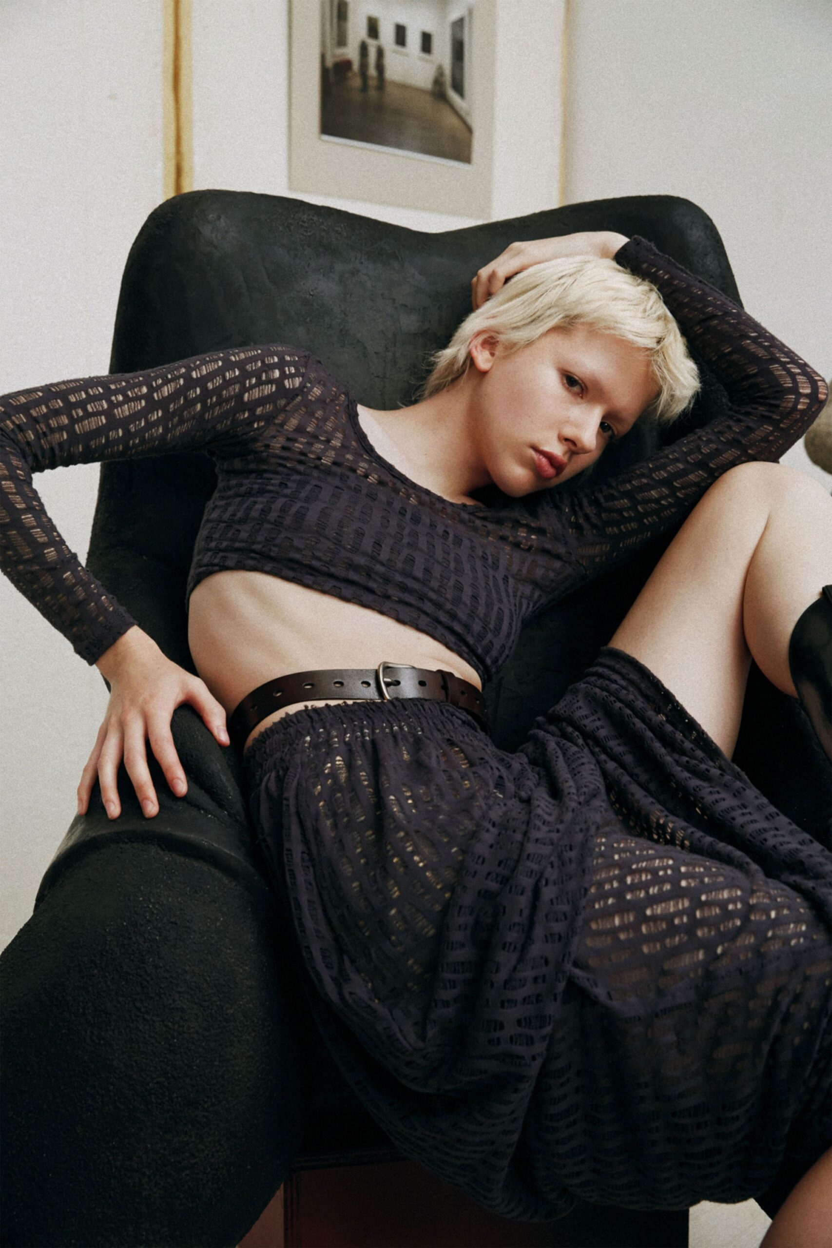 black lace fitted textured cropped top