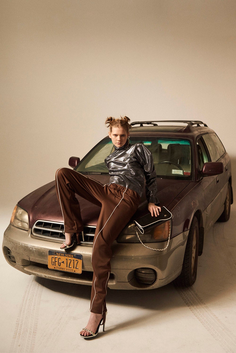 fitted metallic top with relaxed pants