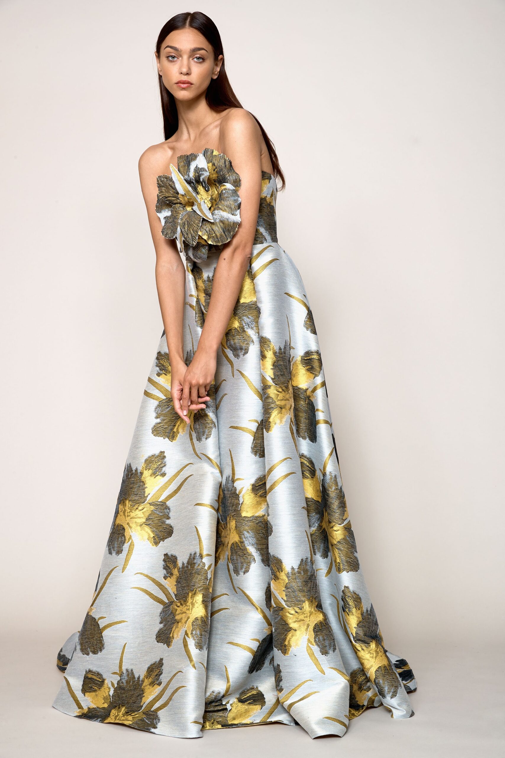 blue floral strapless gown