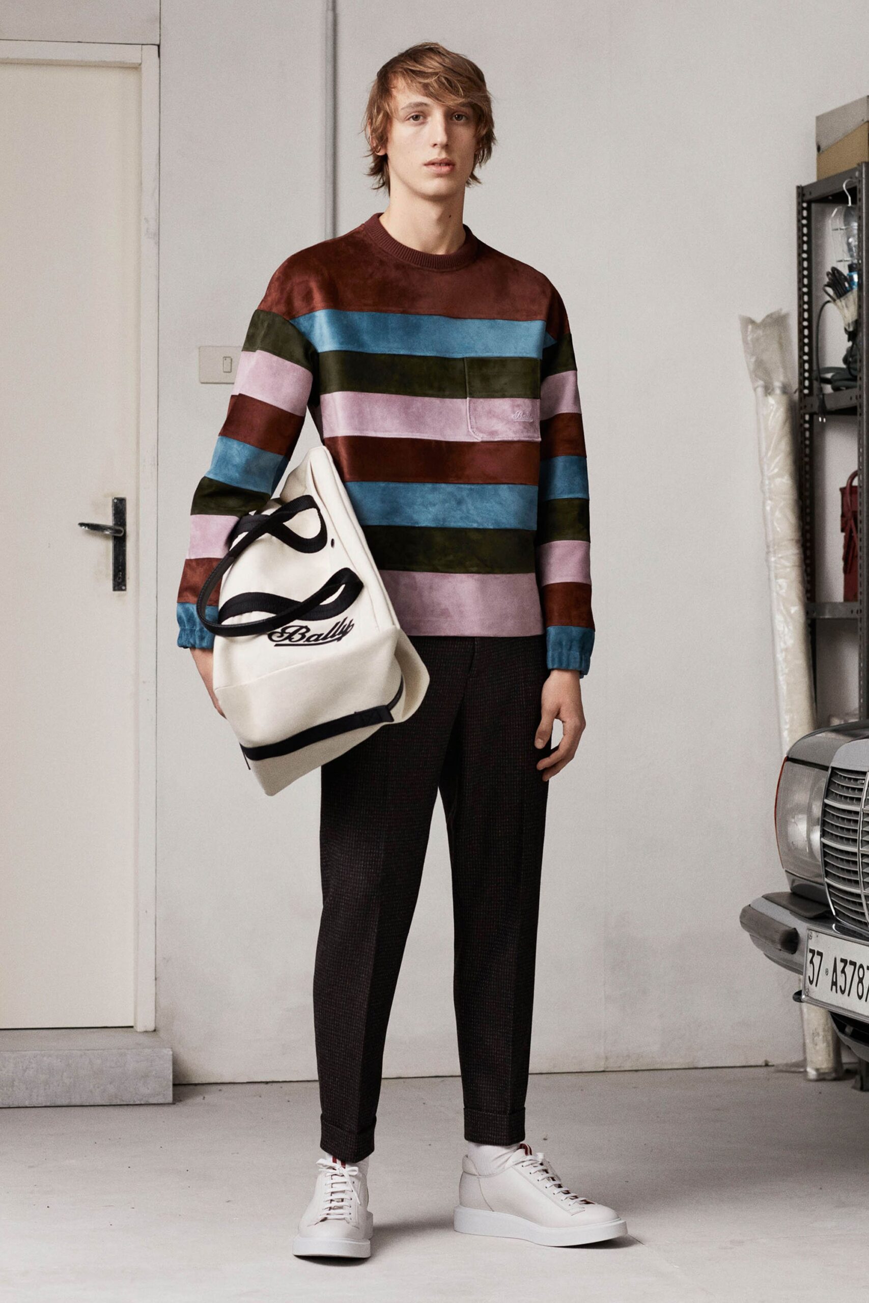 striped suede sweater with slim pants