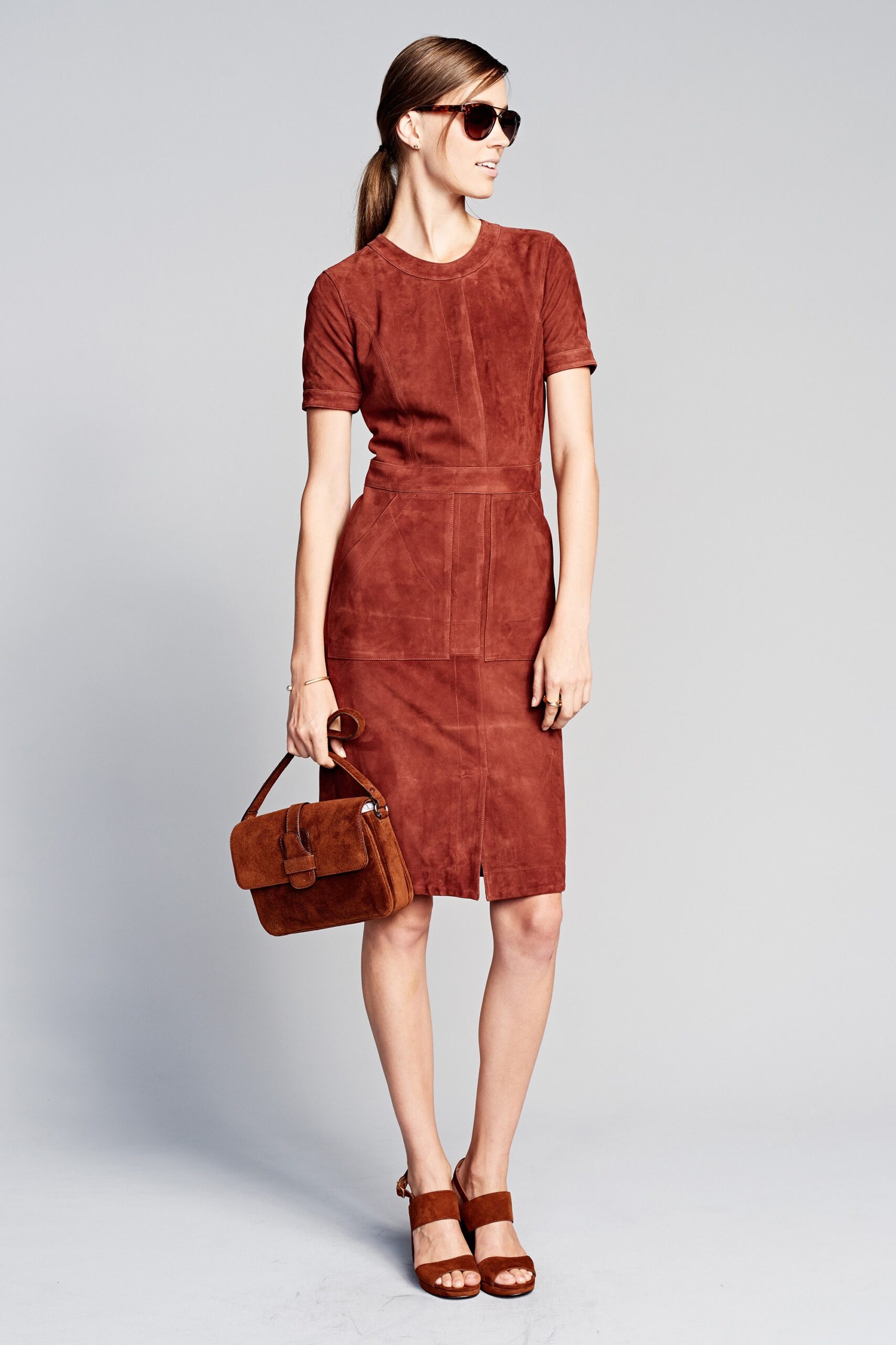 brown suede short-sleeve v-neck fitted pencil midi dress