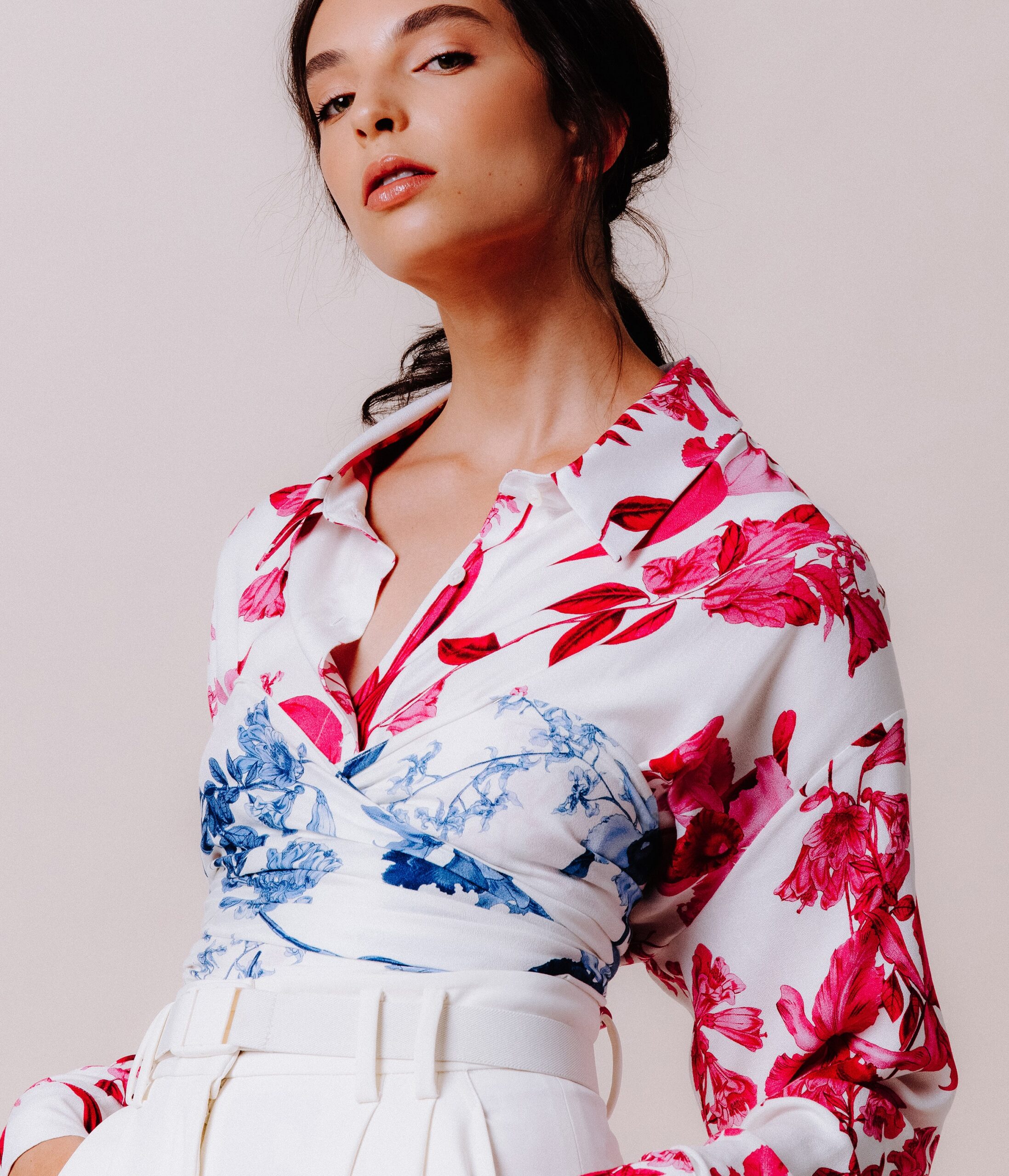 floral silk blouse with tailored pants