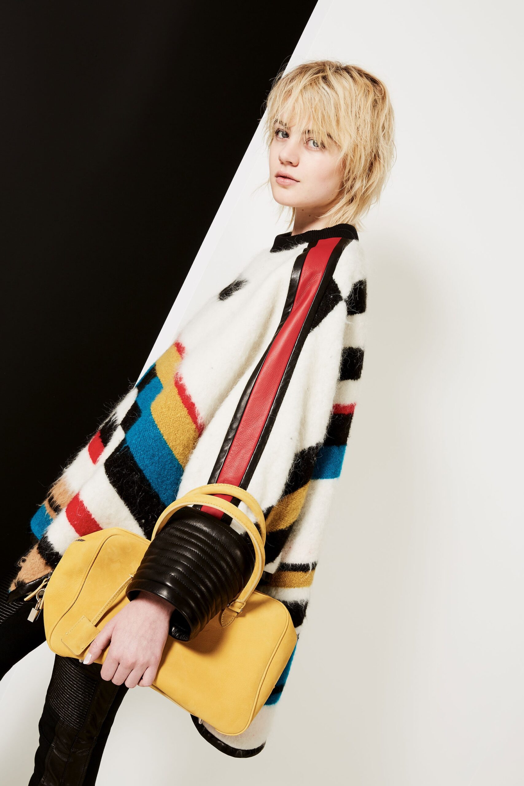 color-blocked wool poncho with yellow bag