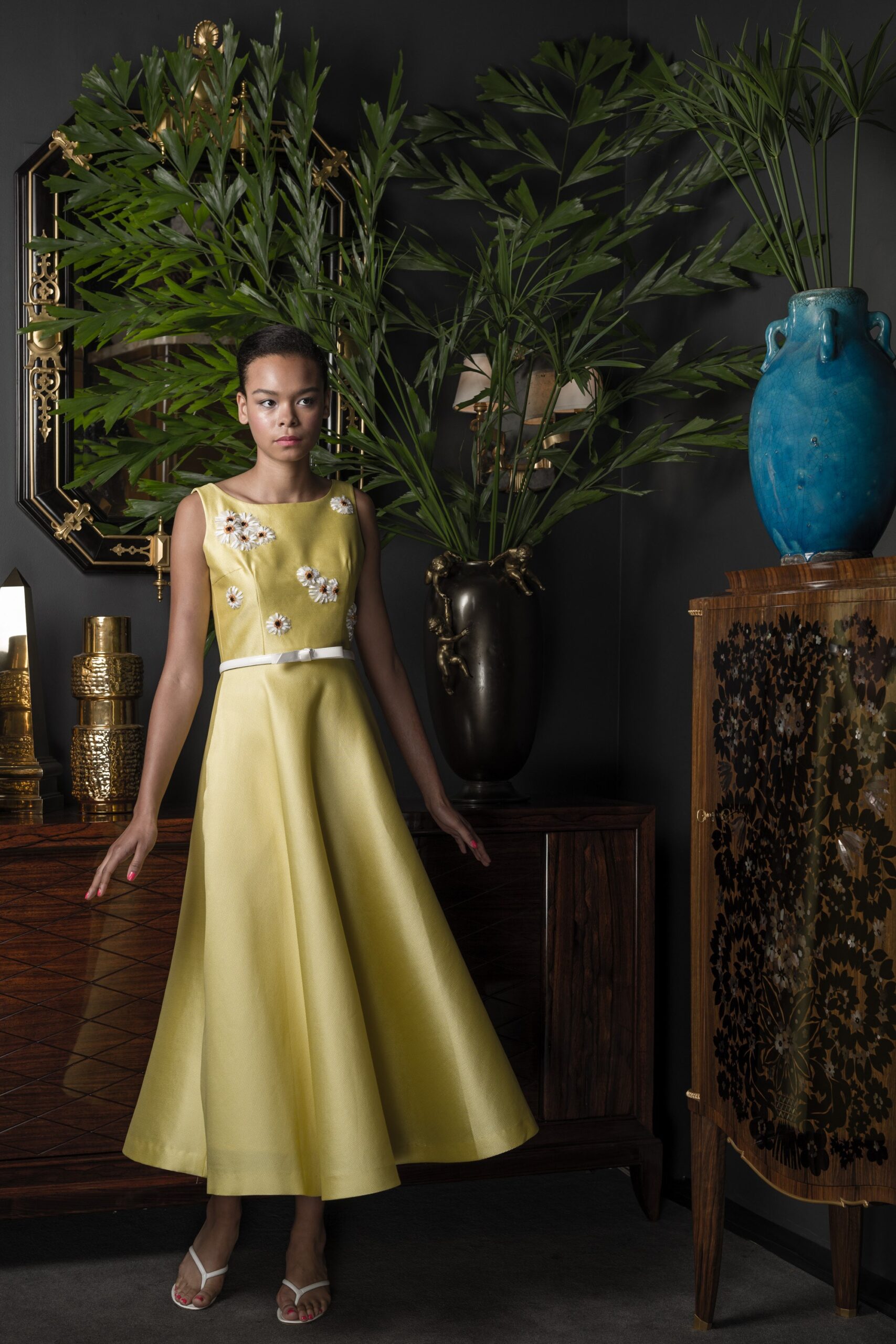 yellow silk sleeveless dress